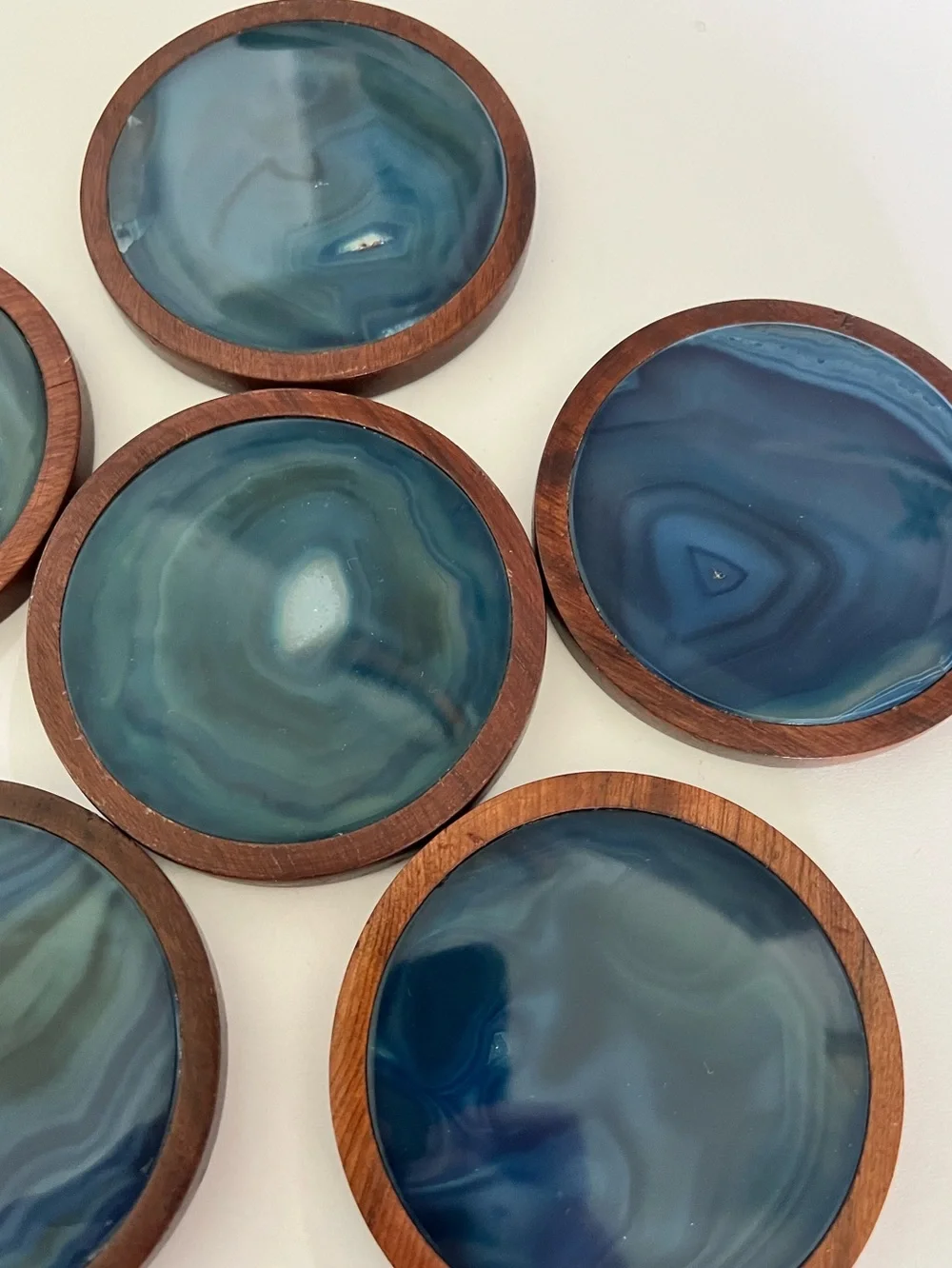 Vintage Brazilian Rosewood and blue agate slice coaster set of six with caddy.